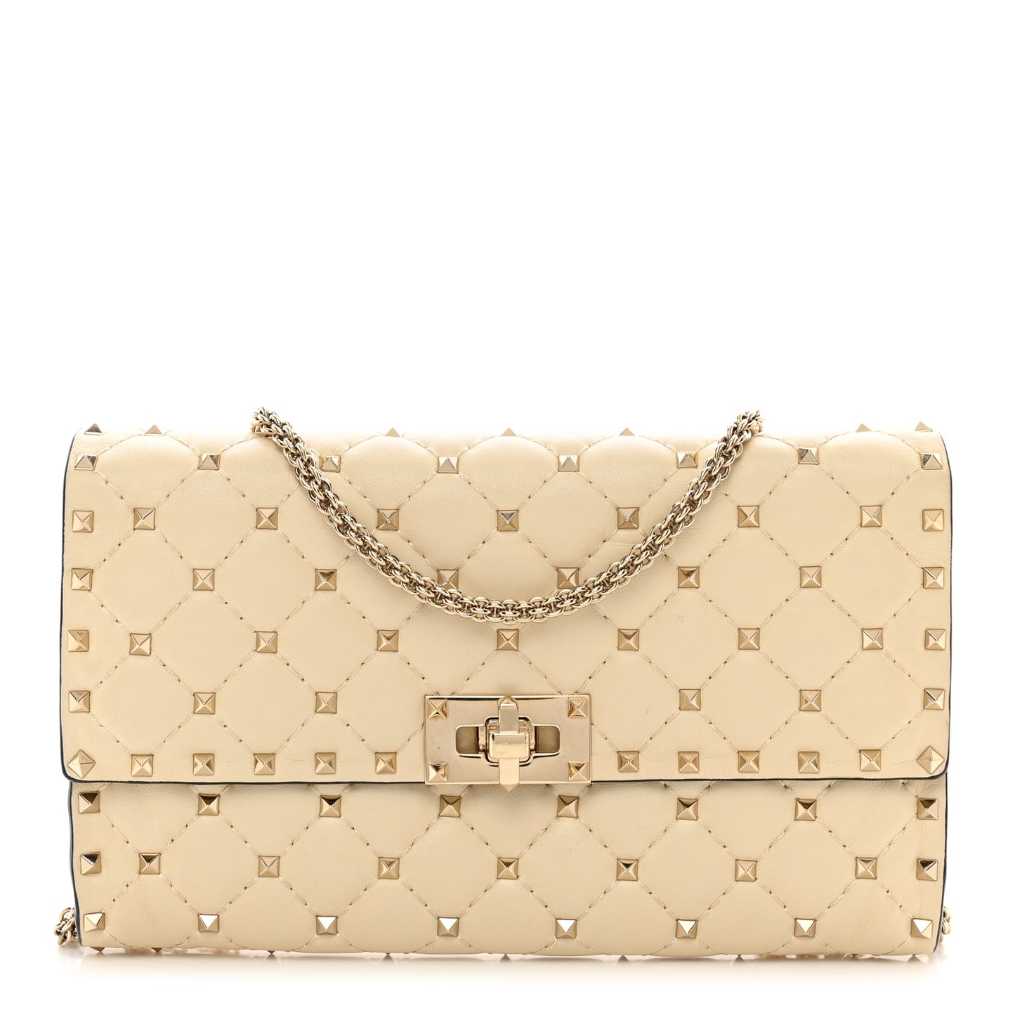 Lambskin Rockstud Spike Wallet on Chain Light Ivory