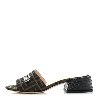 Fendi Jacquard Calfskin FF Crocodile Embossed Promenade Slide Sandals 37 Tobacco Moro Black 1 of 8