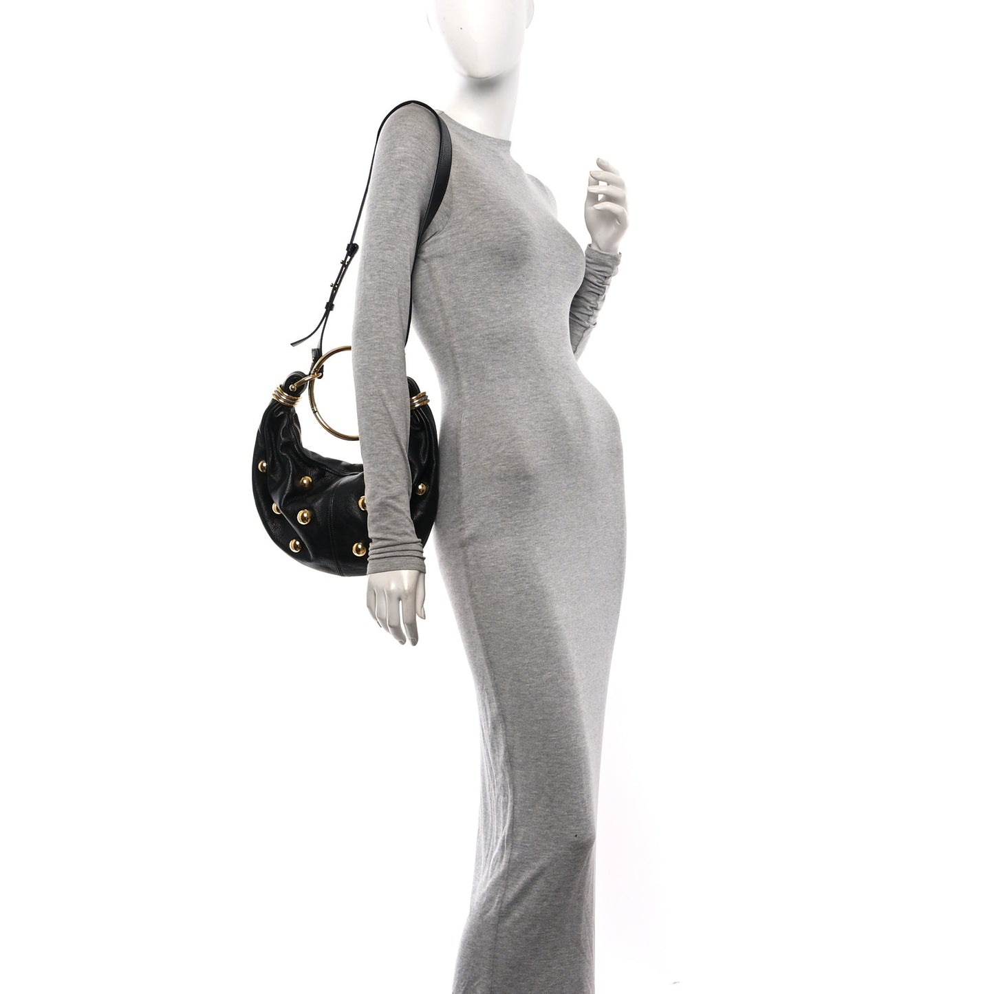 Calfskin Studded Small Bracelet Hobo Bag Black