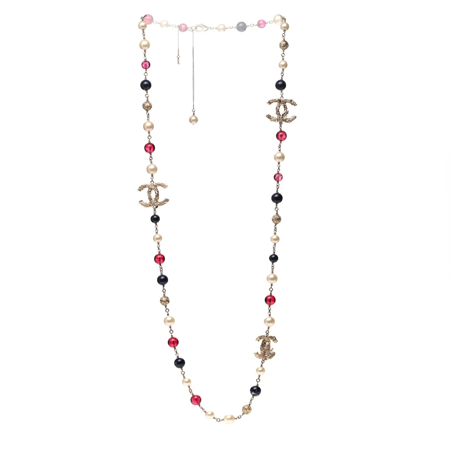 Beaded Pearl CC Long Strand Necklace Blue Red Gold