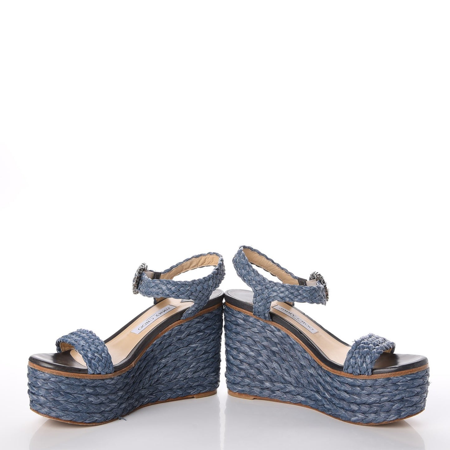 Woven Raffia Crystal Buckle Nylah 100 Platform Wedges 39 Dusk Blue