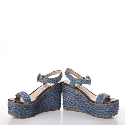 Jimmy Choo Woven Raffia Crystal Buckle Nylah 100 Platform Wedges 39 Dusk Blue 6 of 20