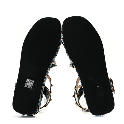 Valentino Garavani Patent Rockstud Torchon Espadrille Caged 30mm Flat Sandals 39 Black 9 of 12