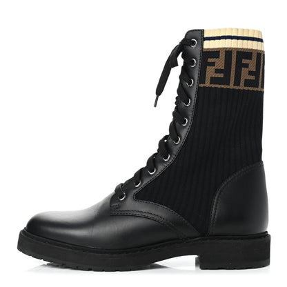 Fendi Calfskin Stretch Fabric Rockoko Biker Boots 38.5 Tobacco Black Marino 1 of 10