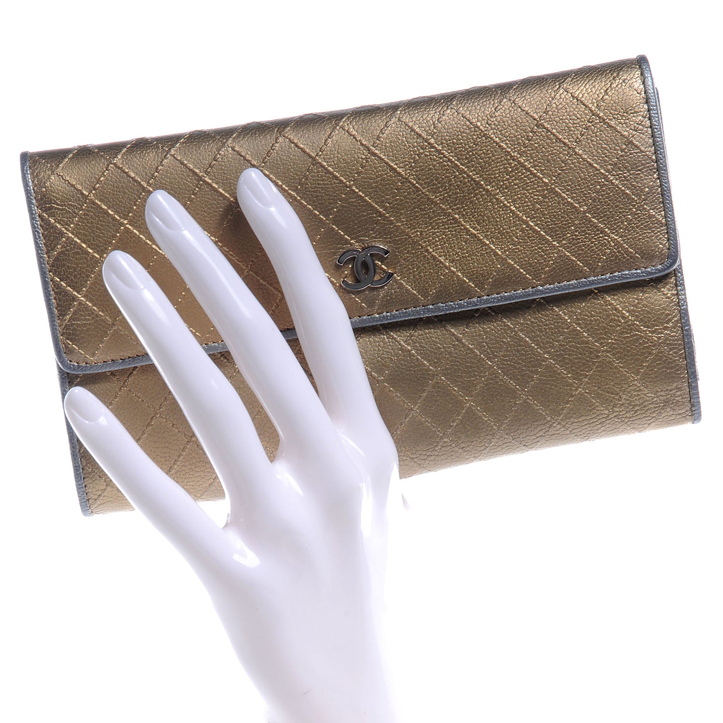 Diamond Stitched Long Flap Wallet Gold Silver