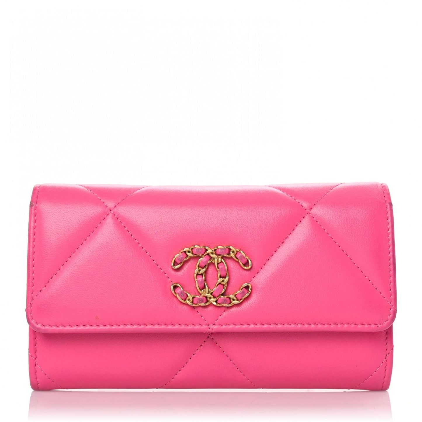 Shiny Goatskin Quilted Chanel 19 Flap Wallet Dark Pink