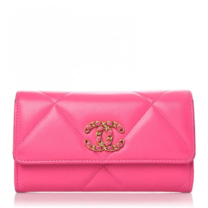 Chanel Shiny Goatskin Quilted Chanel 19 Flap Wallet Dark Pink 1 of 9