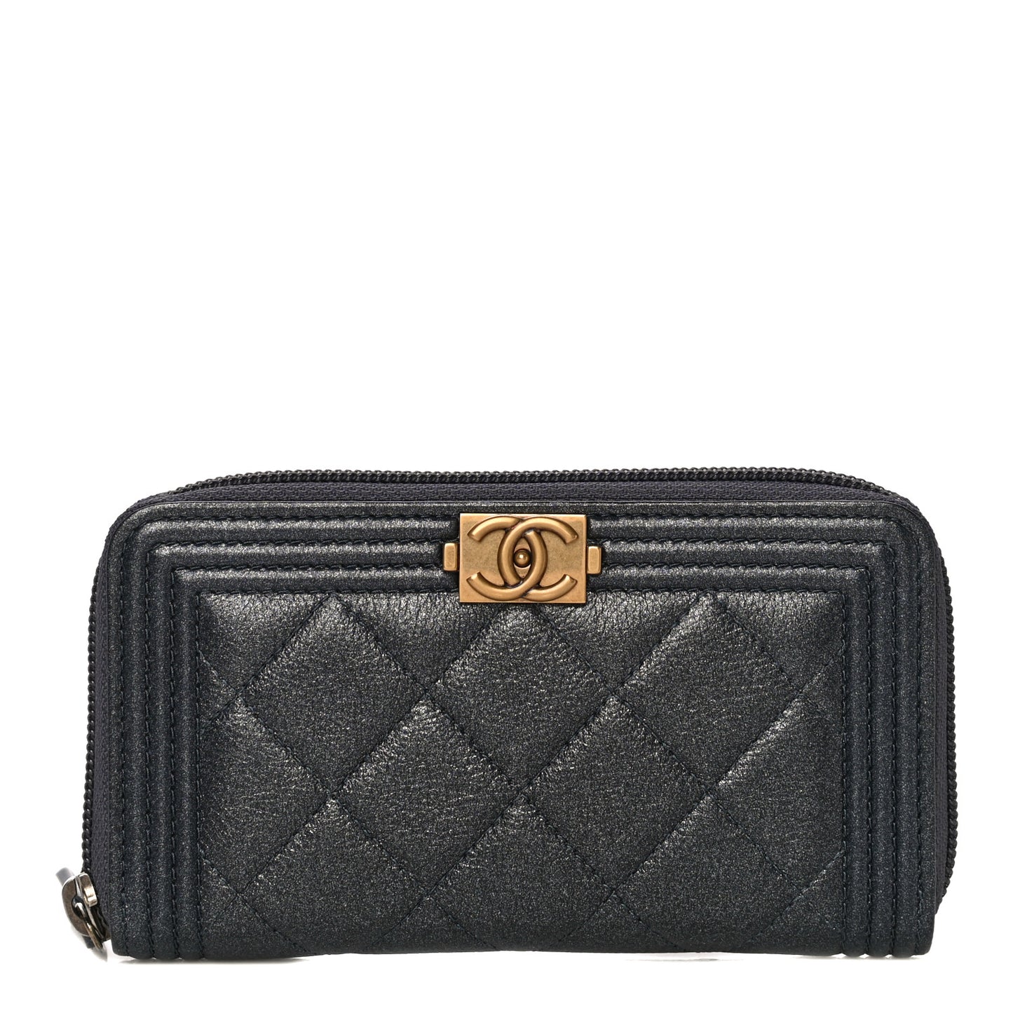 Metallic Calfskin Quilted Small Boy Zip Around Wallet Charcoal
