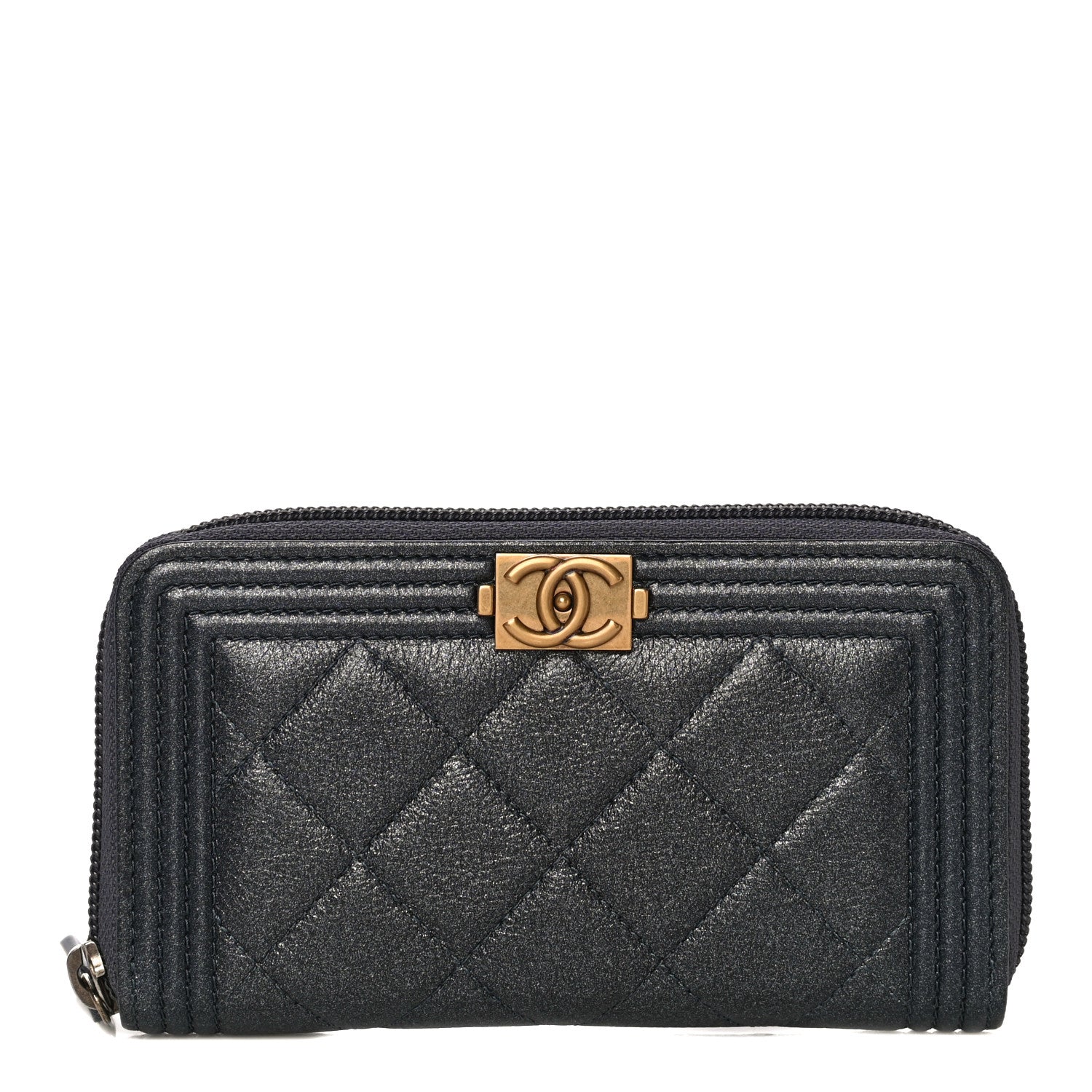 Chanel Metallic Calfskin Quilted Small Boy Zip Around Wallet Charcoal 1 of 11