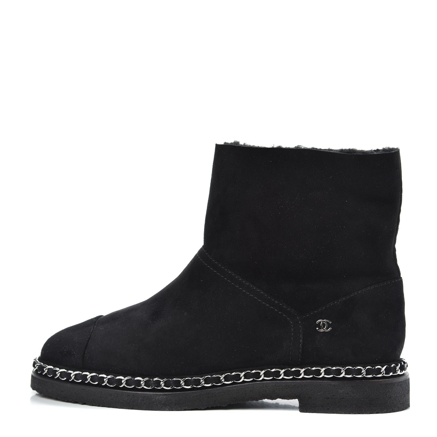 Chanel Kid Suede Shearling Womens Cap Toe Chain Short Boots 39 Black 1 of 6