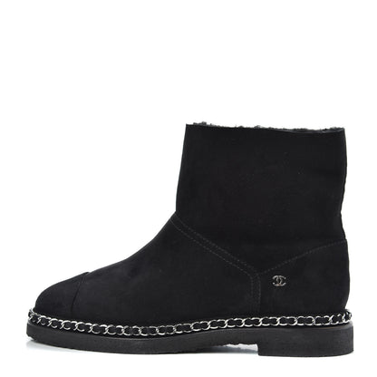 Chanel Kid Suede Shearling Womens Cap Toe Chain Short Boots 39 Black 1 of 6