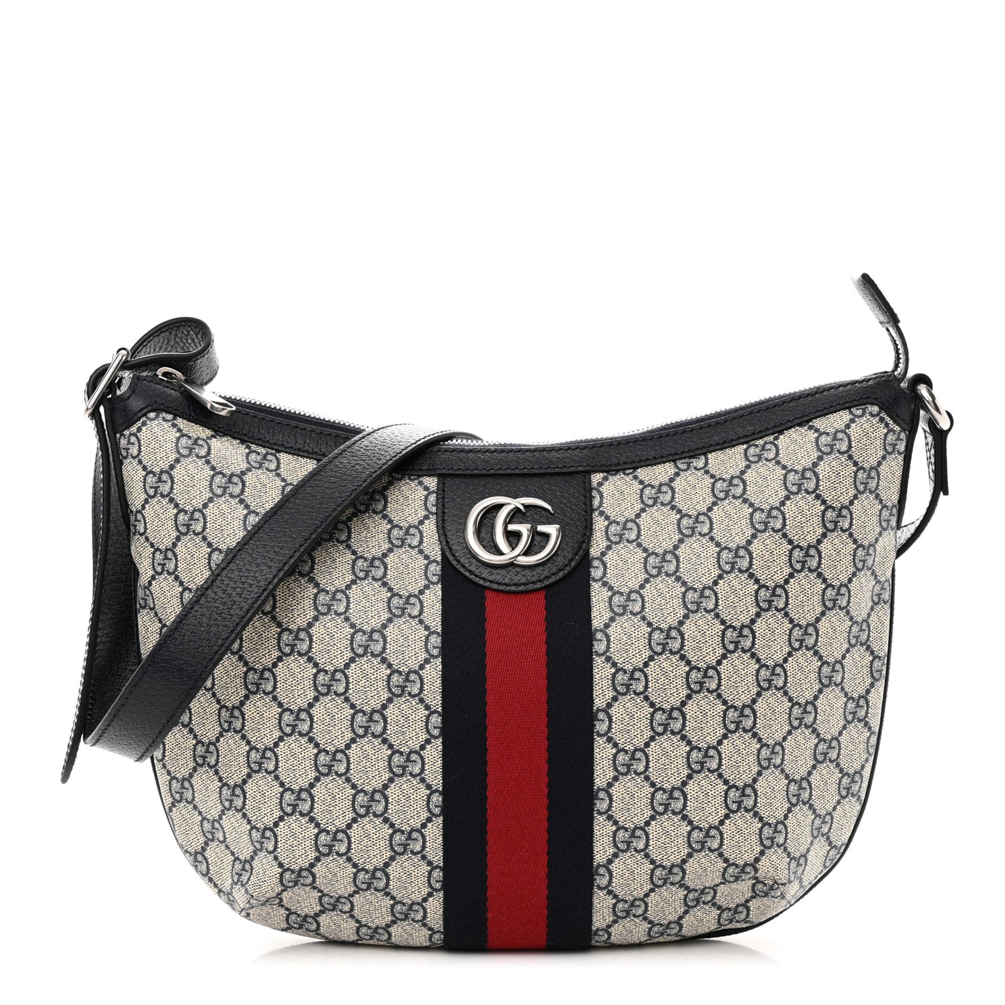 GG Supreme Monogram Textured Dollar Calfskin Web Small Ophidia Half Moon Hobo Beige Blue