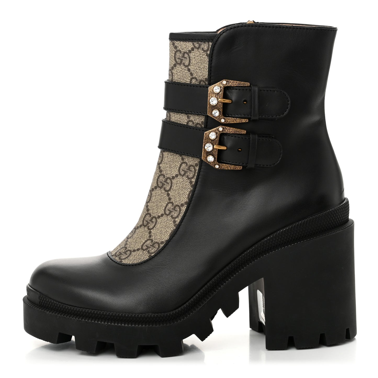 Kensington Calfskin Nappa GG Supreme Monogram Womens Double Buckle Ankle Boots 38 Black