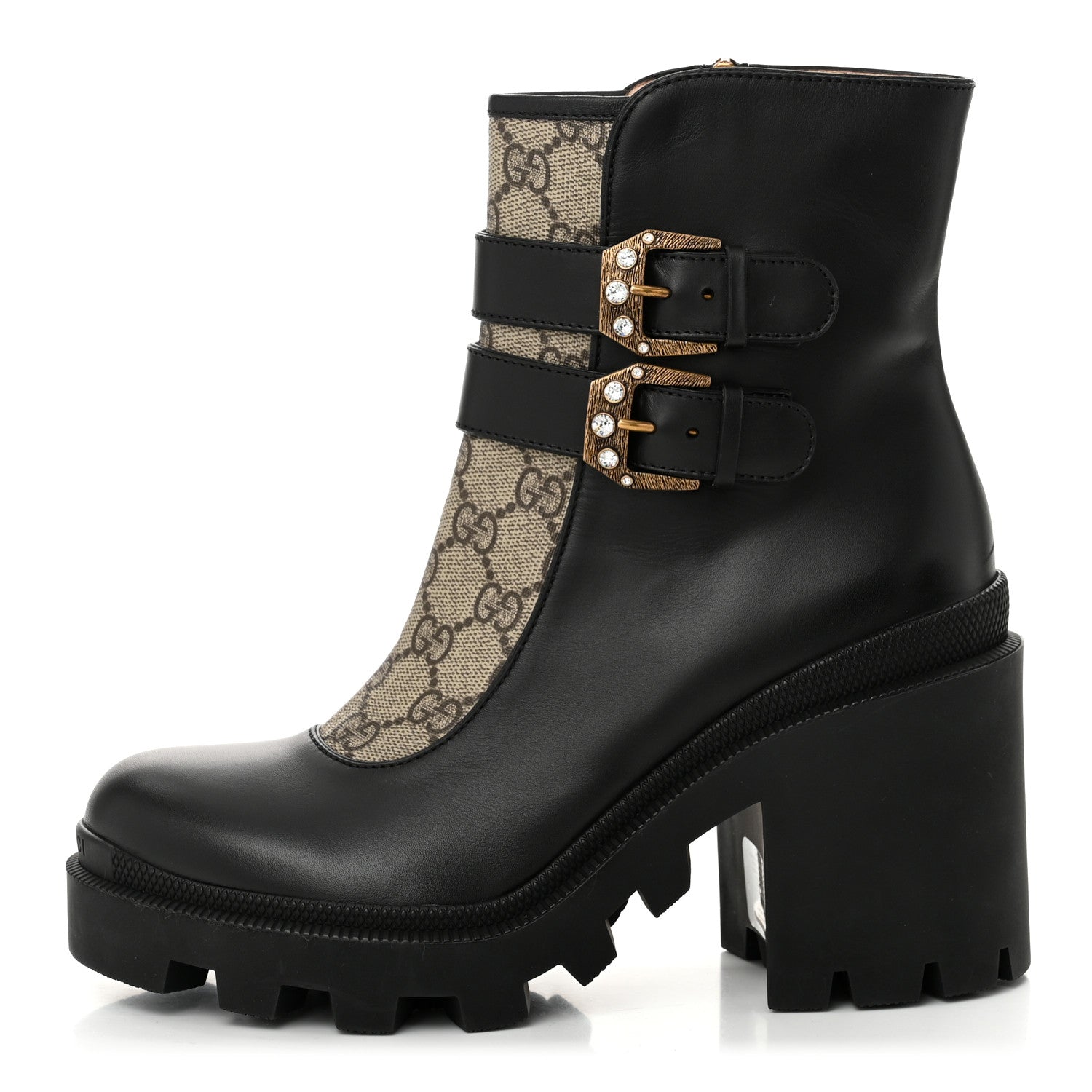 Gucci Kensington Calfskin Nappa GG Supreme Monogram Womens Double Buckle Ankle Boots 38 Black 1 of 11
