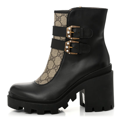 Gucci Kensington Calfskin Nappa GG Supreme Monogram Womens Double Buckle Ankle Boots 38 Black 1 of 11