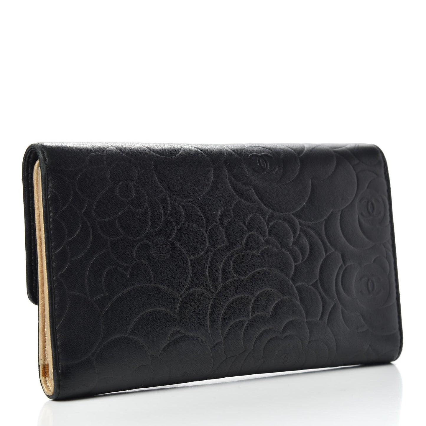 Lambskin Camellia Embossed Large Flap Wallet Black