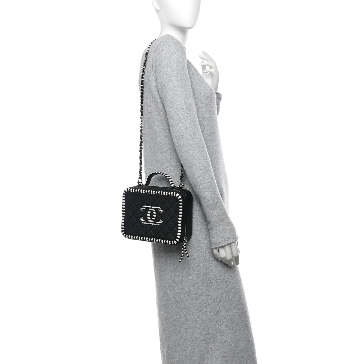 Caviar Quilted Striped Medium CC Filigree Vanity Case Black White