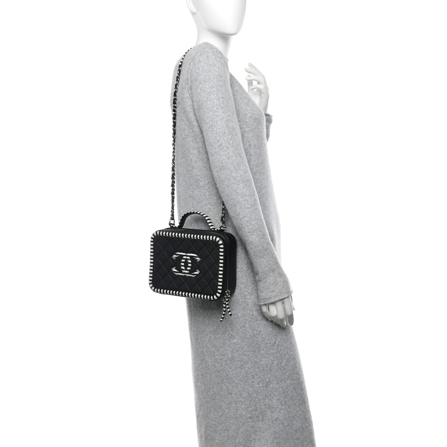 Chanel Caviar Quilted Striped Medium CC Filigree Vanity Case Black White 2 of 12