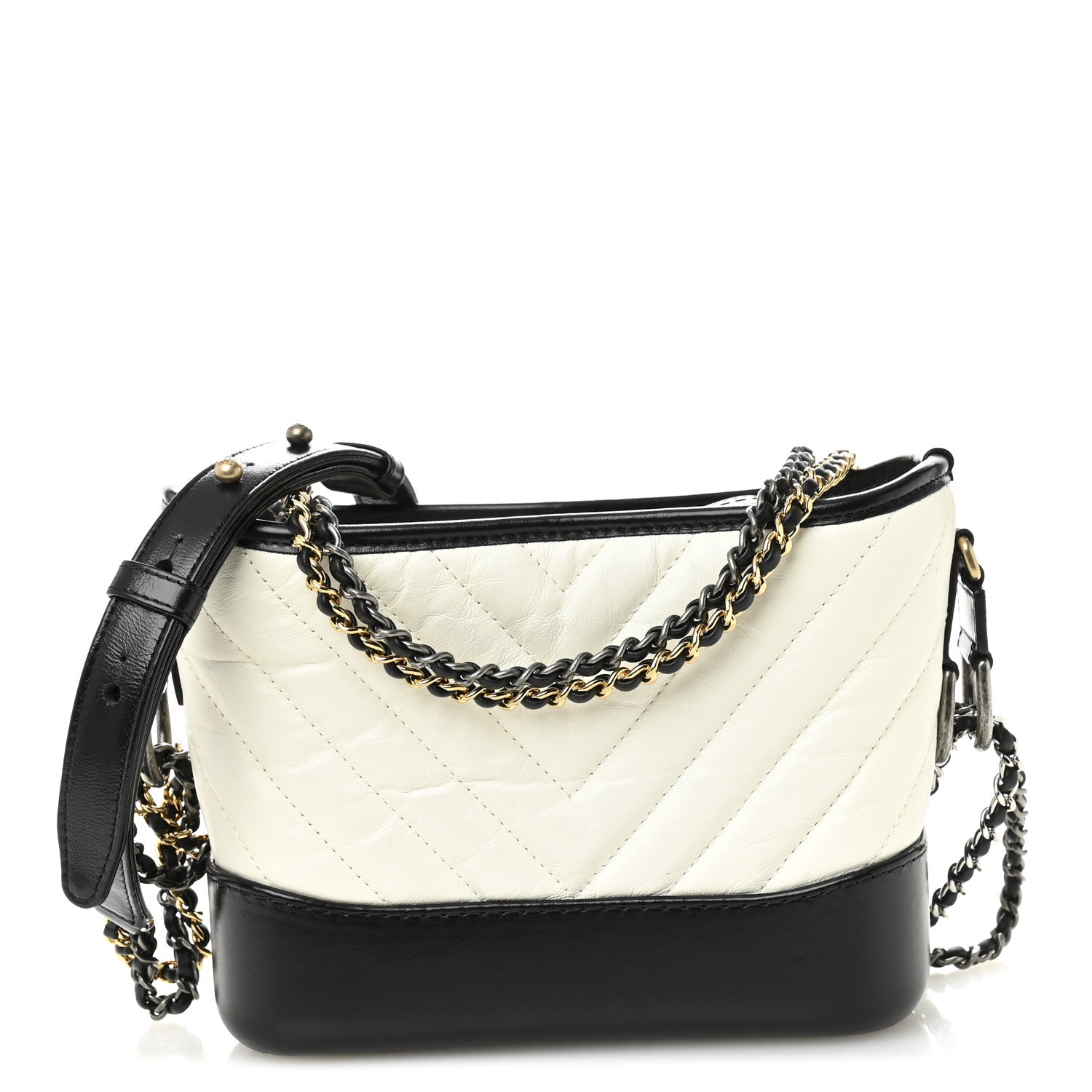 Chanel Aged Calfskin Chevron Quilted Small Gabrielle Hobo Black White 1 of 10