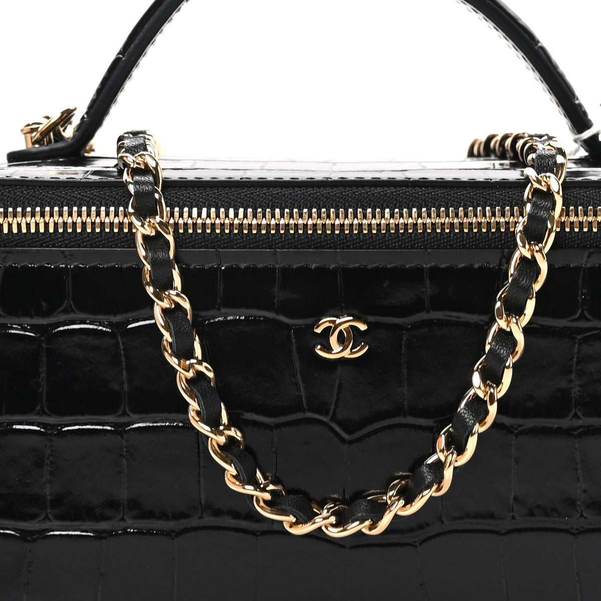 Chanel Calfskin Crocodile Embossed Crococo Small Top Handle Vanity Case With Chain Black 9 of 12
