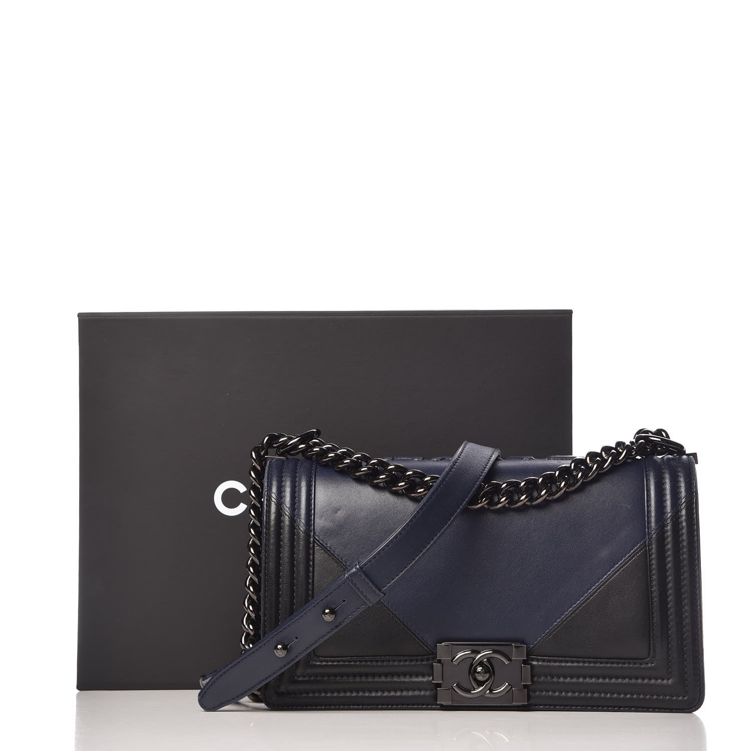 Chanel Calfskin Medium Bi-Color Boy Flap Black Dark Navy 14 of 14
