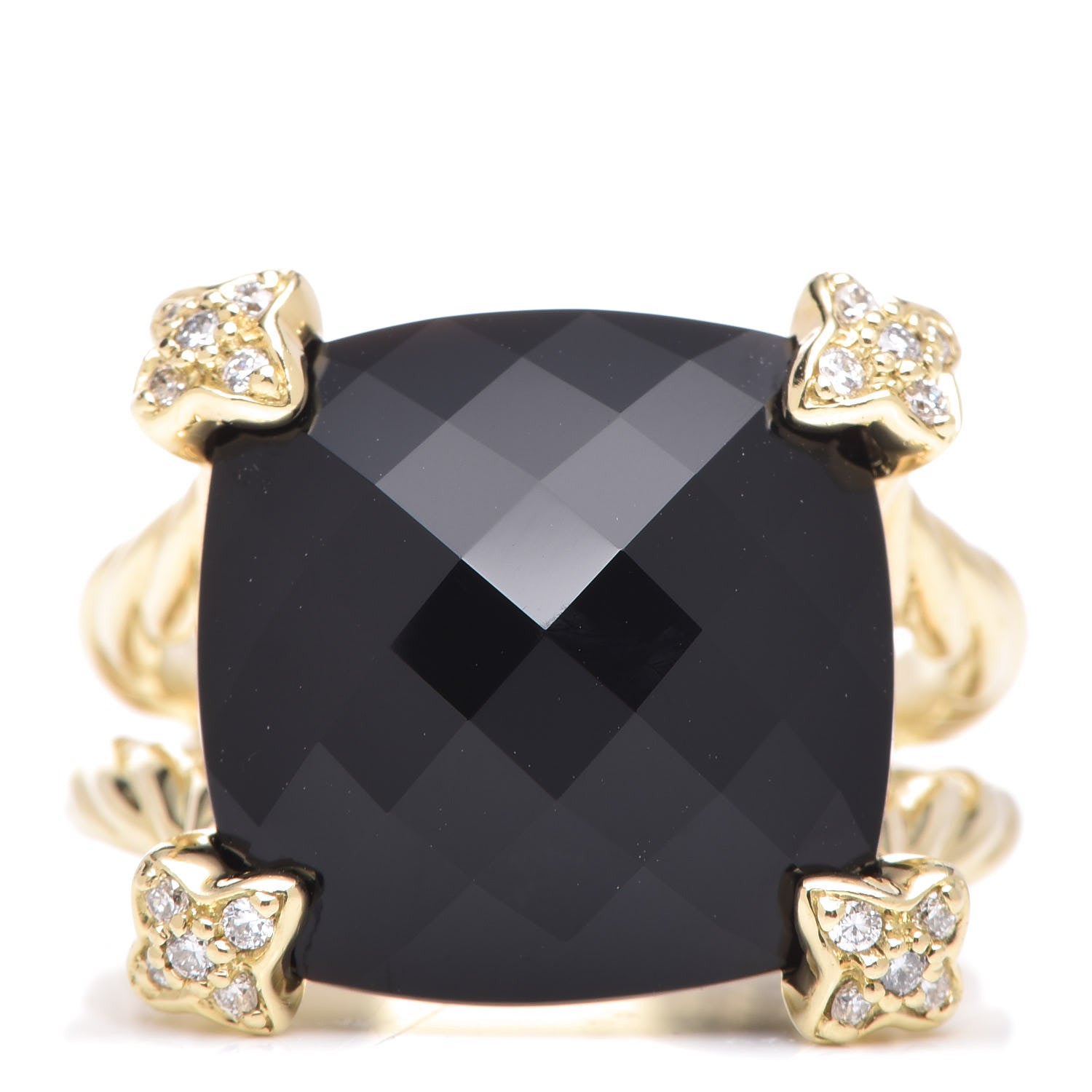David Yurman 18K Yellow Gold Diamond Onyx 15mm Cushion On Point Ring 54 7 1 of 5