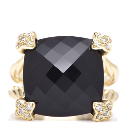 David Yurman 18K Yellow Gold Diamond Onyx 15mm Cushion On Point Ring 54 7 1 of 5