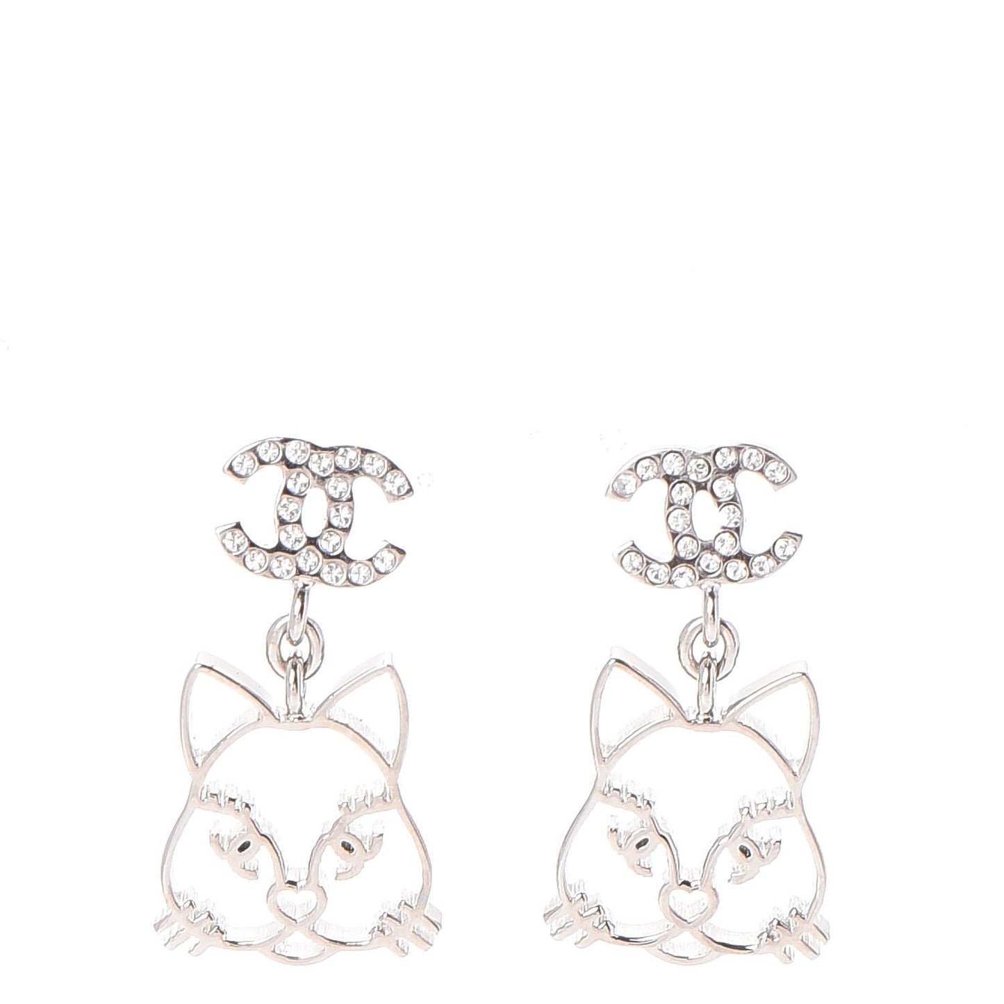 Crystal Emoji Choupette Cat CC Earrings Silver