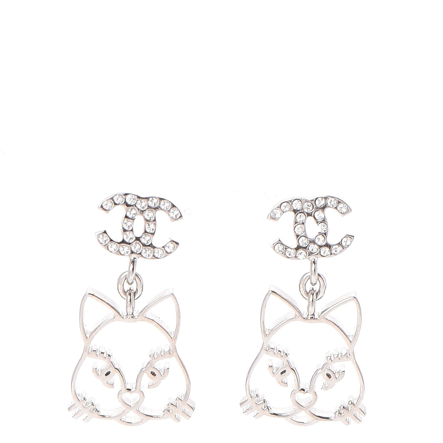 Chanel Crystal Emoji Choupette Cat CC Earrings Silver 1 of 5