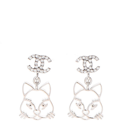 Chanel Crystal Emoji Choupette Cat CC Earrings Silver 1 of 5