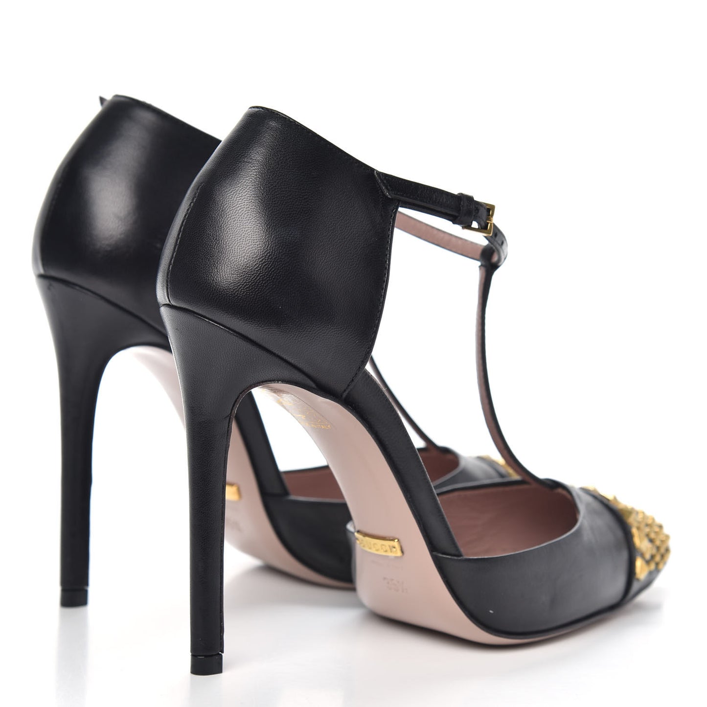 Malaga Kid Studded Cap Toe T Strap Pumps 35.5 Black