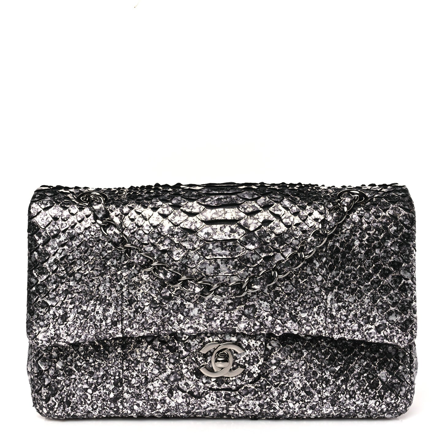 Metallic Snakeskin Medium Double Flap Black Silver