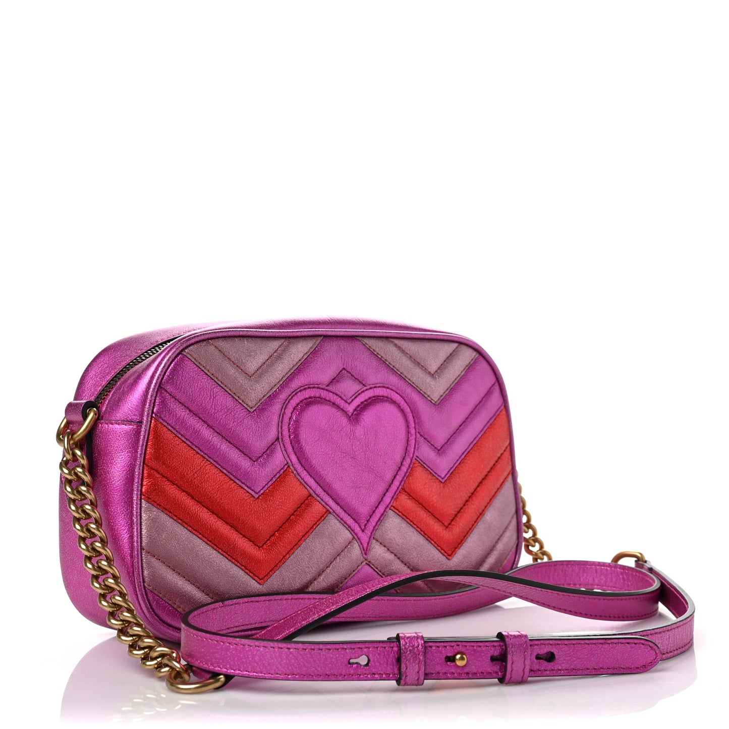Laminated Nappa Matelasse Small GG Marmont Chain Shoulder Bag Fuxia Rosso Rosa