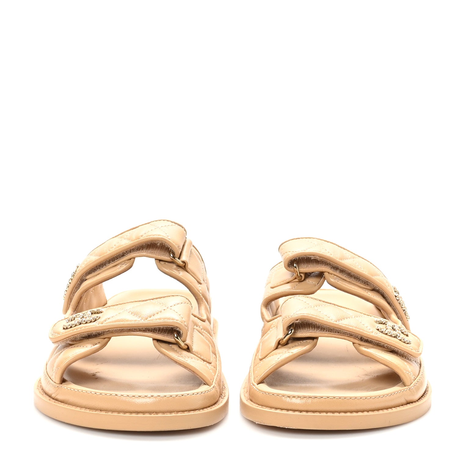 Chanel Lambskin Quilted Velcro Dad Chain CC Slide Sandals 40 Beige 3 of 10