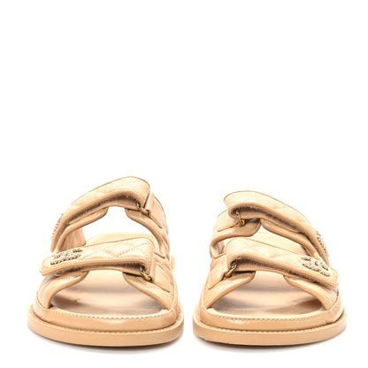 Chanel Lambskin Quilted Velcro Dad Chain CC Slide Sandals 40 Beige 3 of 10