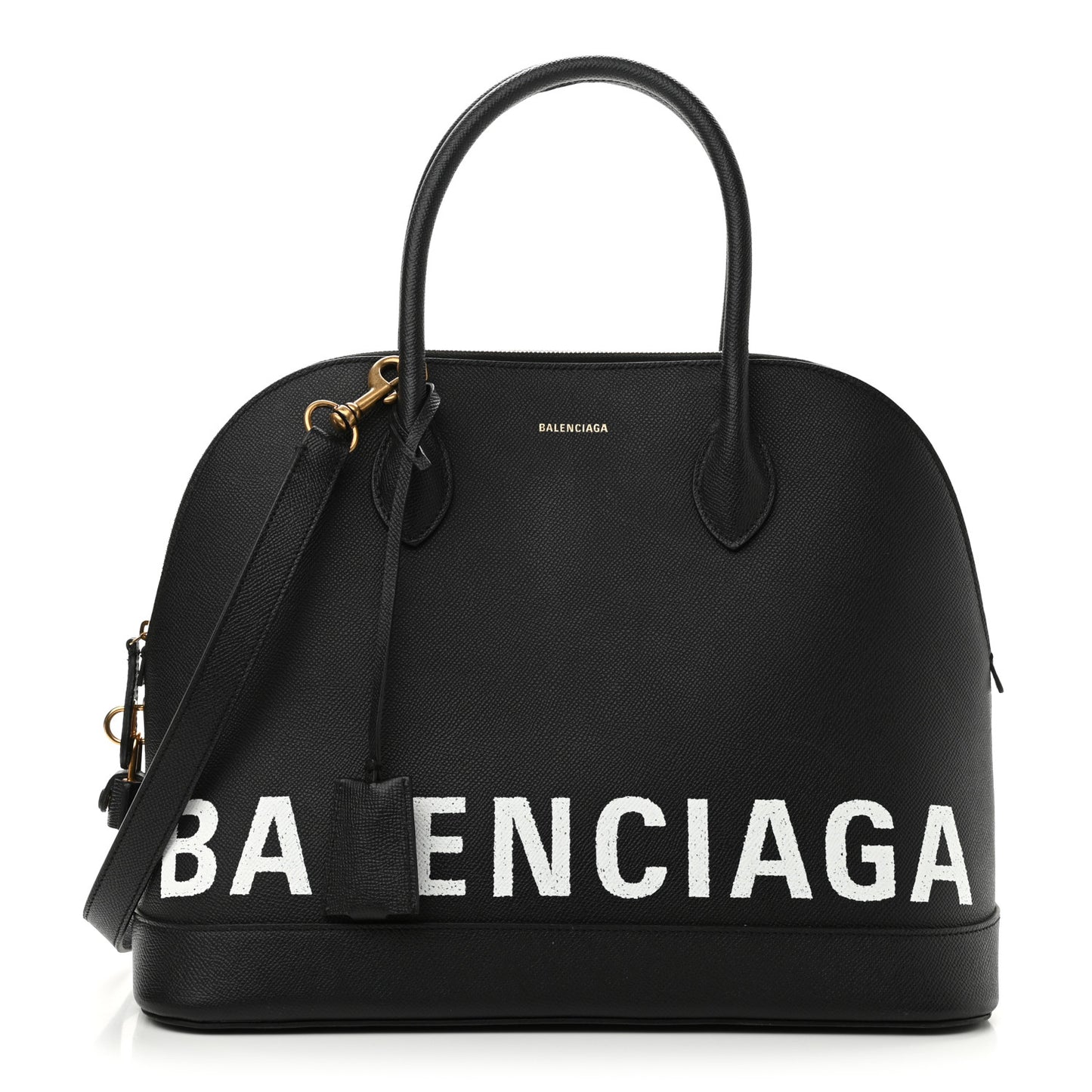 Signature Grained Calfskin Logo M Ville Top Handle Bag Black