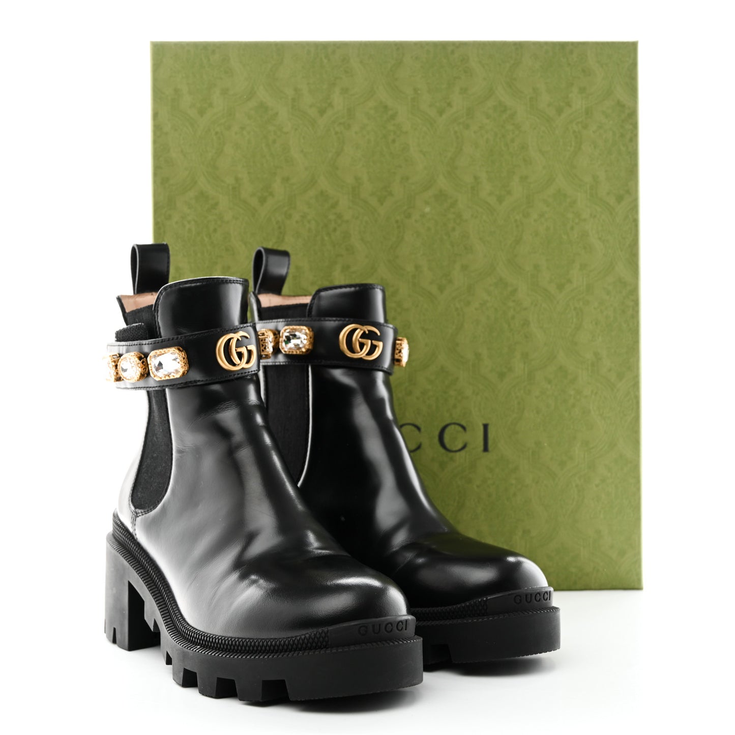 Calfskin Crystal GG Trip Chelsea Ankle Boots 35.5 Black