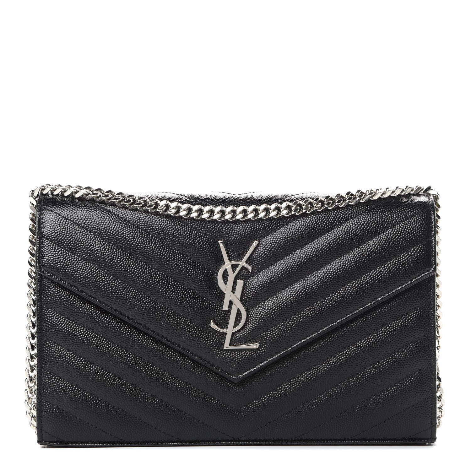 Saint Laurent Grain De Poudre Matelasse Chevron Monogram Chain Wallet Black 1 of 12
