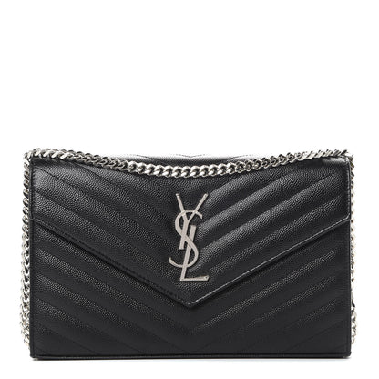 Saint Laurent Grain De Poudre Matelasse Chevron Monogram Chain Wallet Black 1 of 12