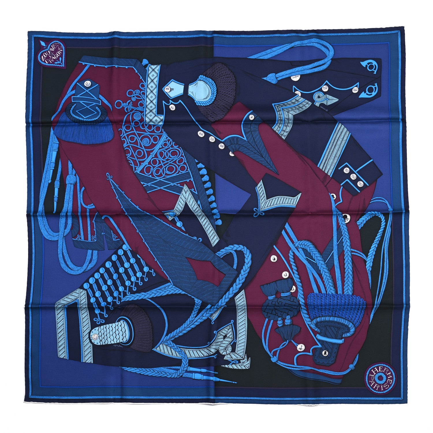 Hermes Silk Zouaves Et Dragons Scarf 90 Marine Bordeaux Cobalt 2 of 12