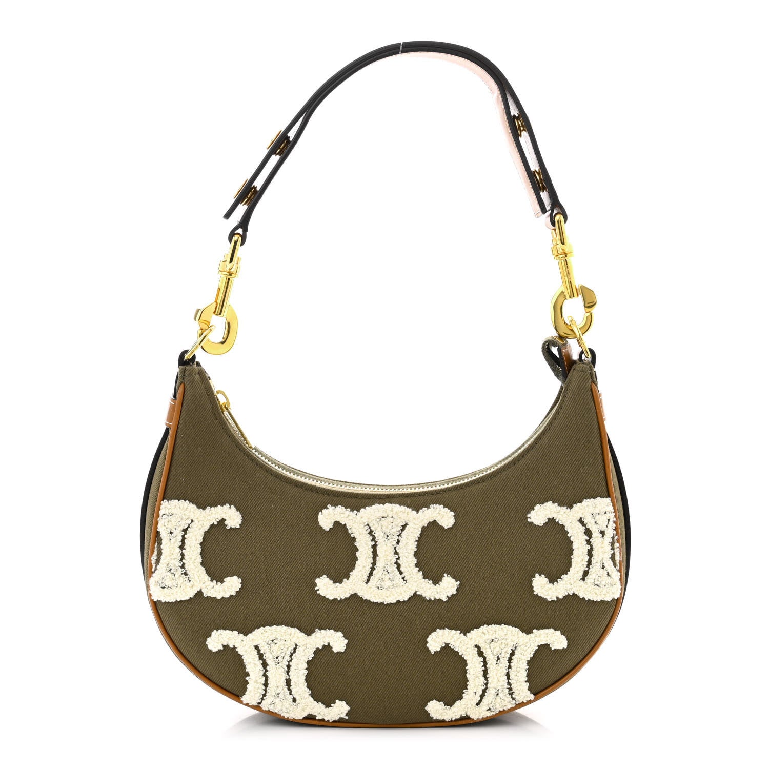 Celine Cotton Gabardine Bouclette Embroidered Medium Strap Ava Triomphe Shoulder Bag Khaki Tan 1 of 10