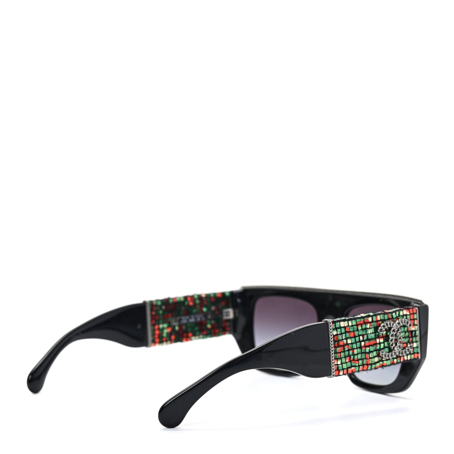 Acetate Tweed Diamanté Chain CC Rectangle Sunglasses 71549A Black Multicolor