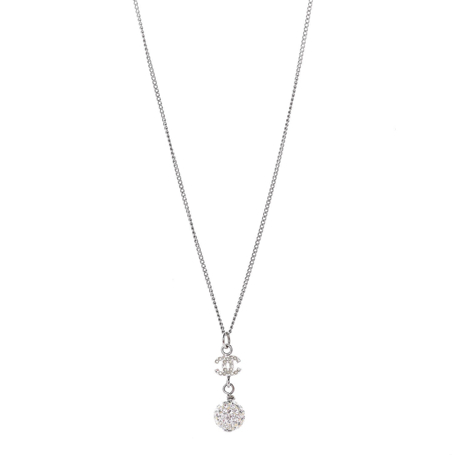 Chanel Crystal CC Ball Pendant Necklace Silver 1 of 5