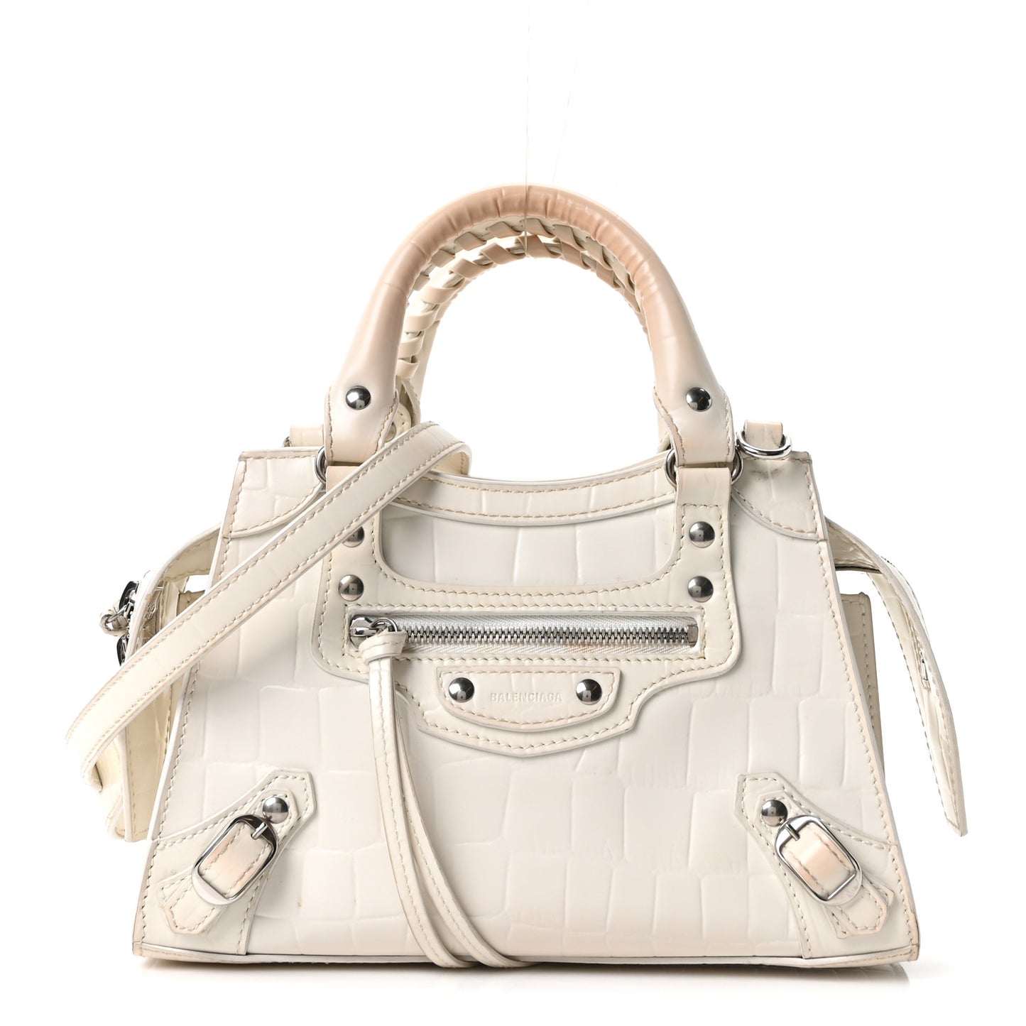 Semi Shiny Calfskin Crocodile Embossed Neo Classic Silver Hardware Nano City Crossbody White