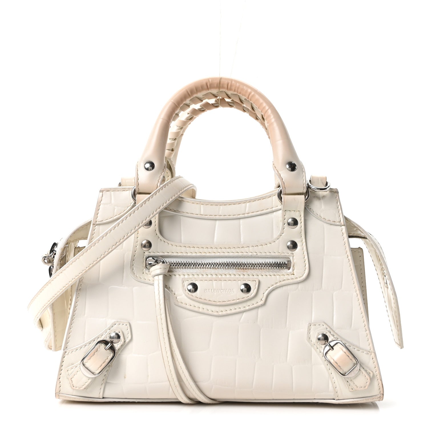 Balenciaga Semi Shiny Calfskin Crocodile Embossed Neo Classic Silver Hardware Nano City Crossbody White 2 of 17