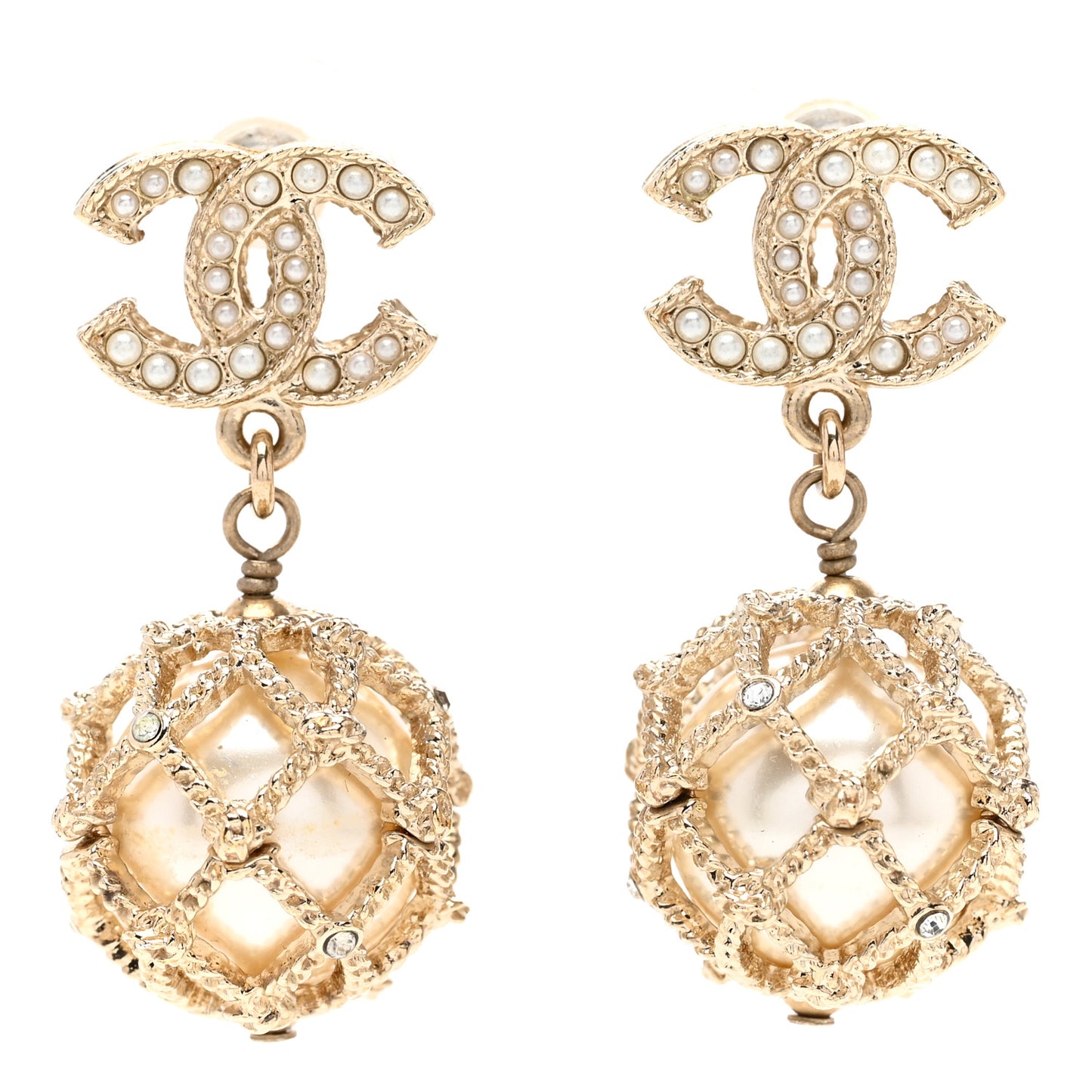 Pearl Caged CC Drop Earrings Gold