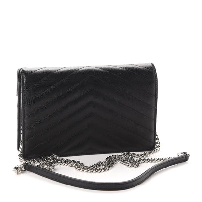 Saint Laurent Grain De Poudre Matelasse Chevron Monogram Envelope Chain Wallet Black 3 of 10