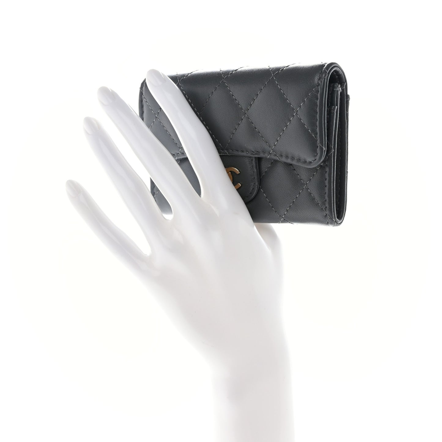 Lambskin Quilted Flap Card Holder Wallet Dark Grey