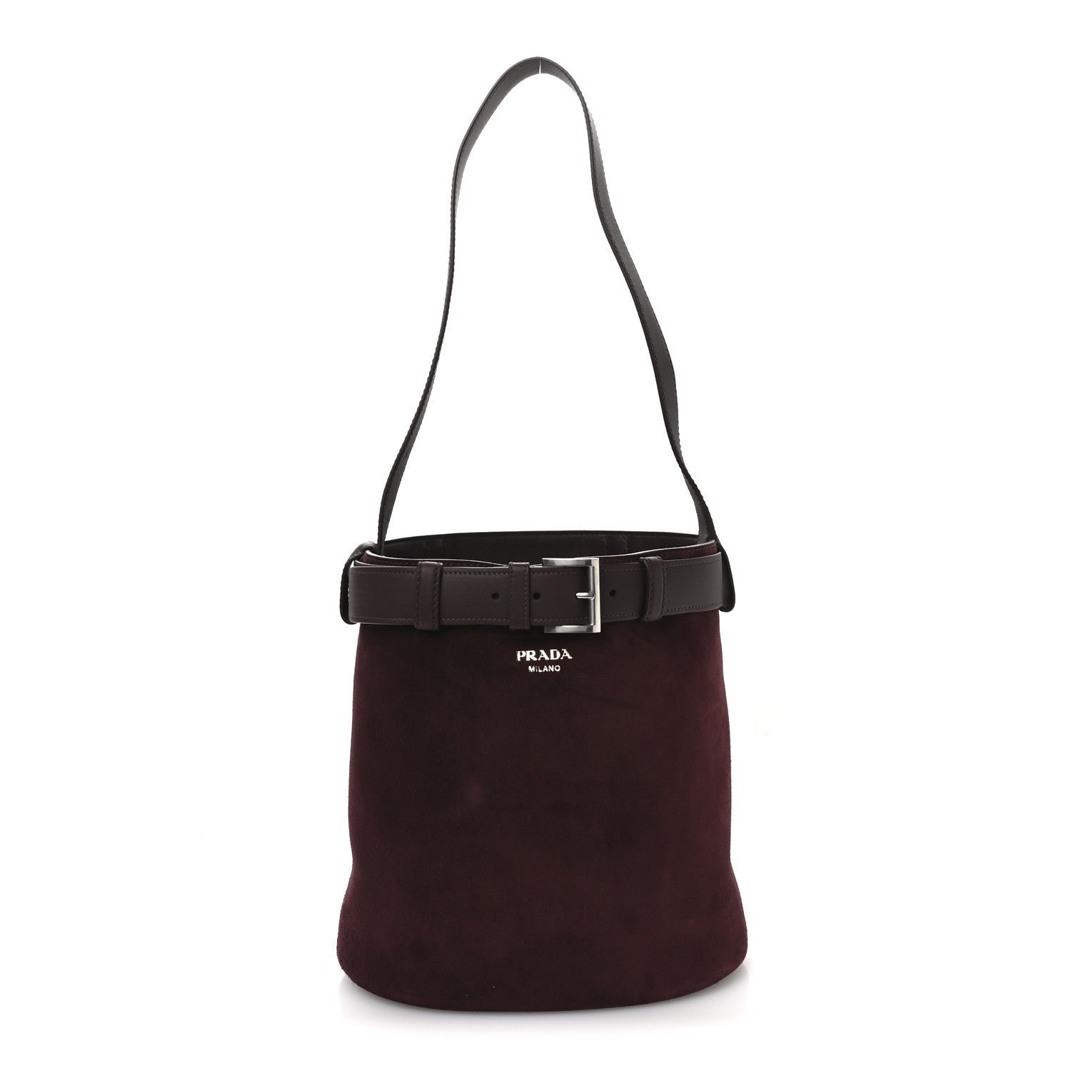 Prada Suede Buckle Bucket Bag With Belt Burgundy 1 of 11