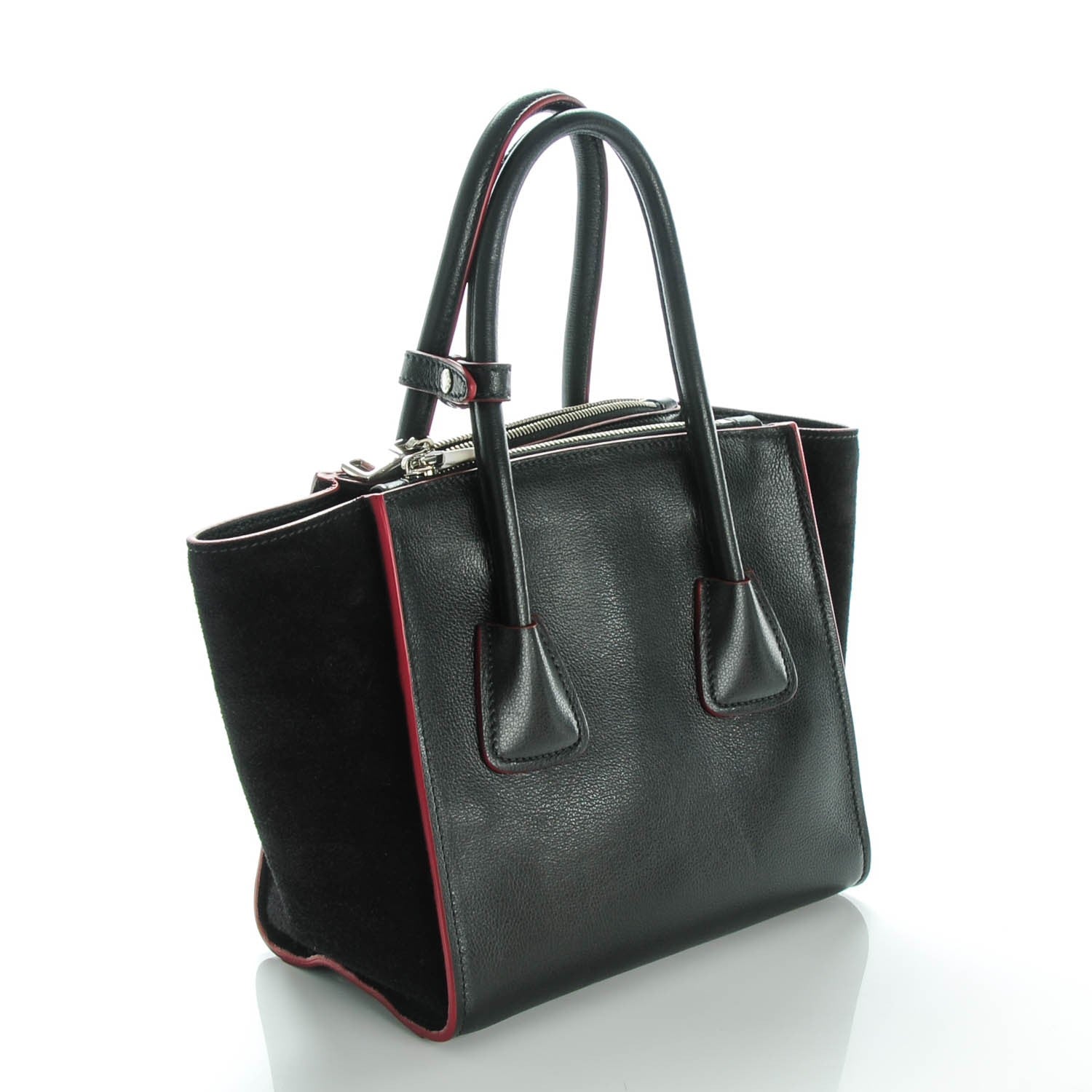 Prada Glace Calf Scamosciato Suede Mini Twin Pocket Tote Black Rosso 3 of 8